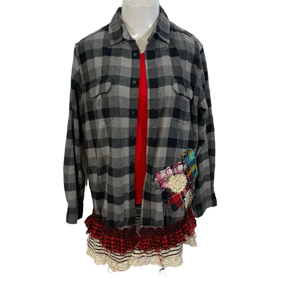 Flannel Shirt Women XL Shacket Flower Grunge Camp Rock Country Festival Upcycled - Picture 6 of 16